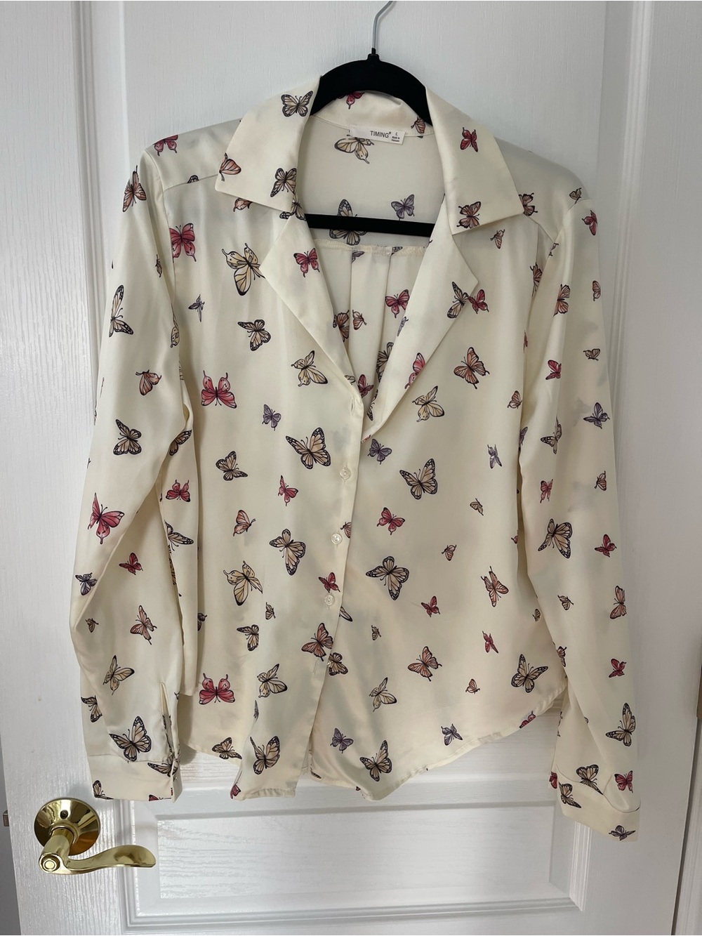 Timing Cream Button-Up Blouse with Multicolor Butterfly Print